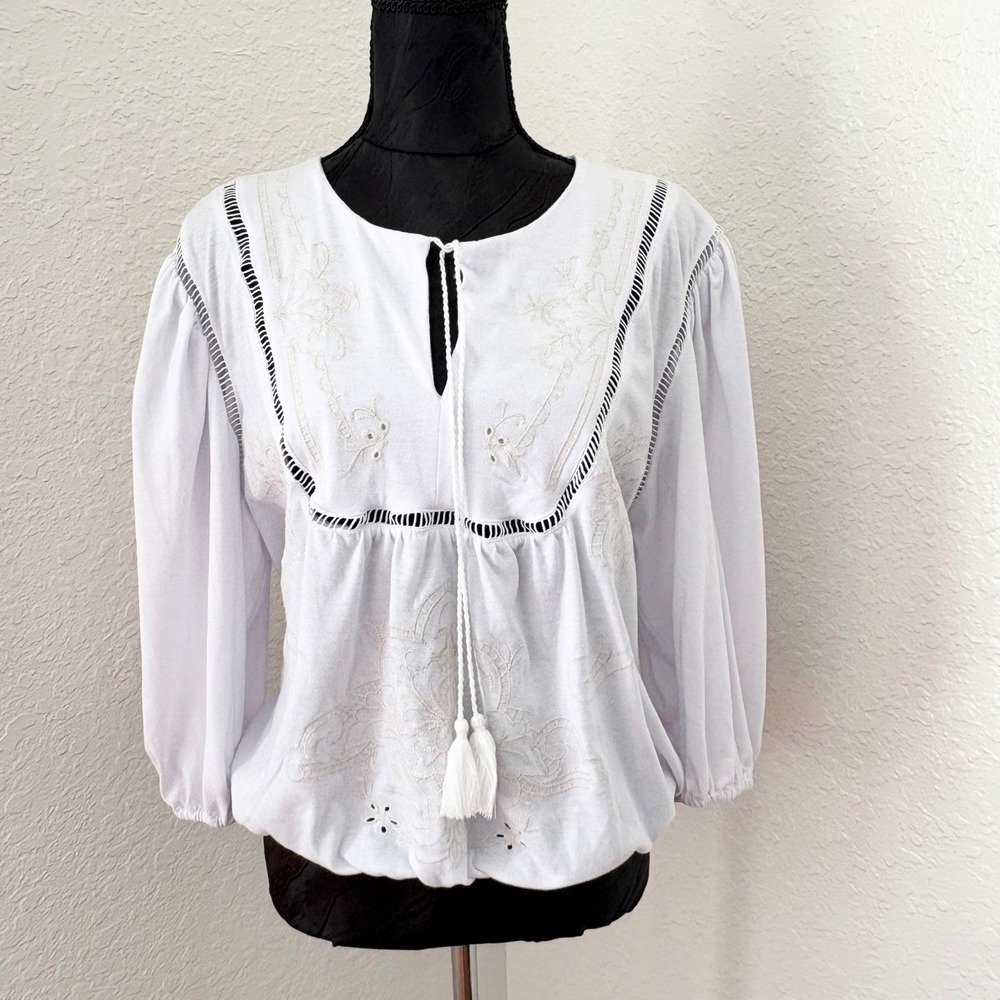 Forgotten Grace Peasant Boho Blouse Embroidered Tassel, Womens XL White